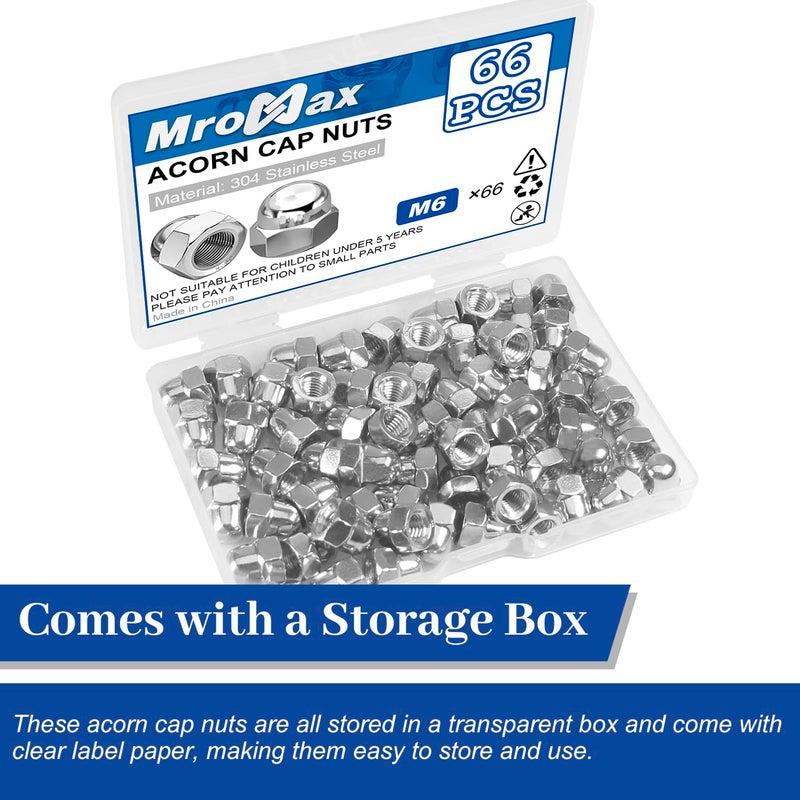 MroMax M6 Acorn Cap Nuts, 66Pcs M6-1.0, 304 Stainless Steel(18-8) Crown Cap Nut for Bolt, Dome Head Hex Kit for Indoor Outdoor, Bright Finish - Image 5